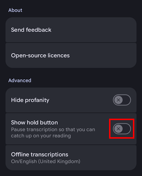 Tap the toggle switch for Show hold button to turn it on